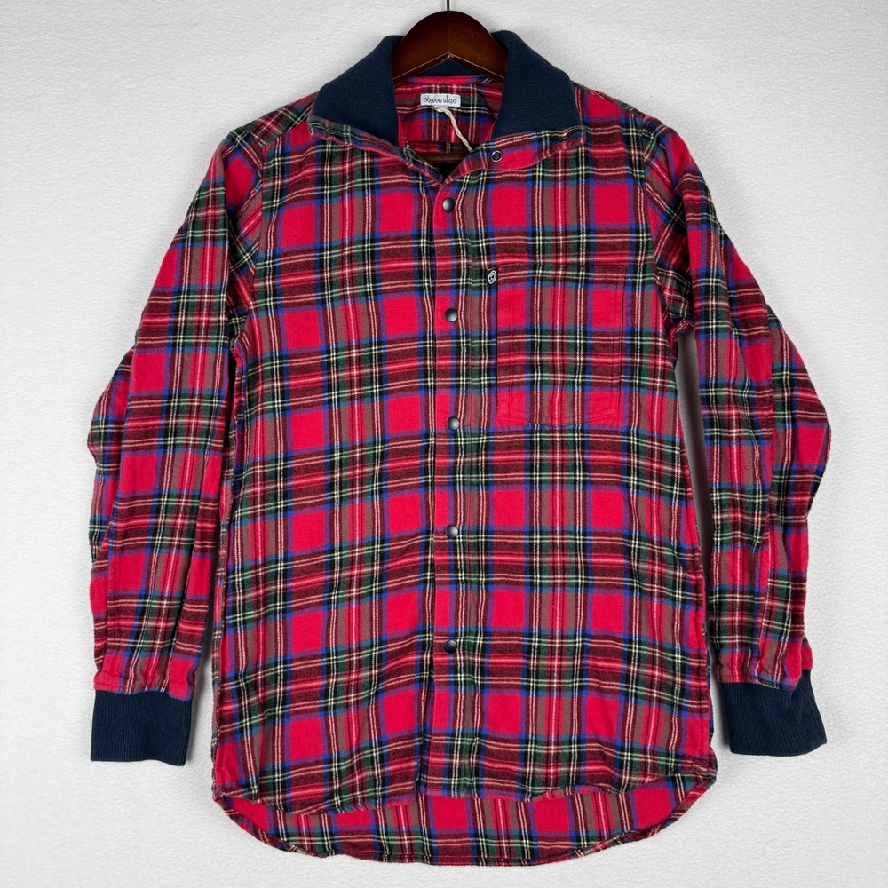 Steven Alan Shacket Mens Small Red Plaid Flannel Snap Shirt Ribbed Trim USA